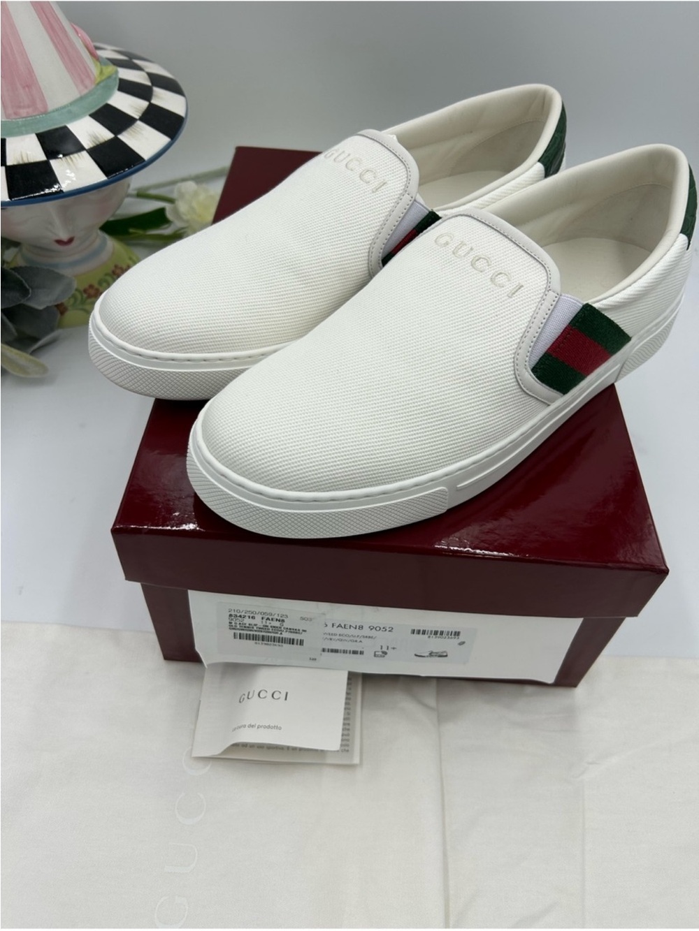 Men’s Gucci, white canvas ace slip on sneakers size 11.5 fits 12.5 US made Italy